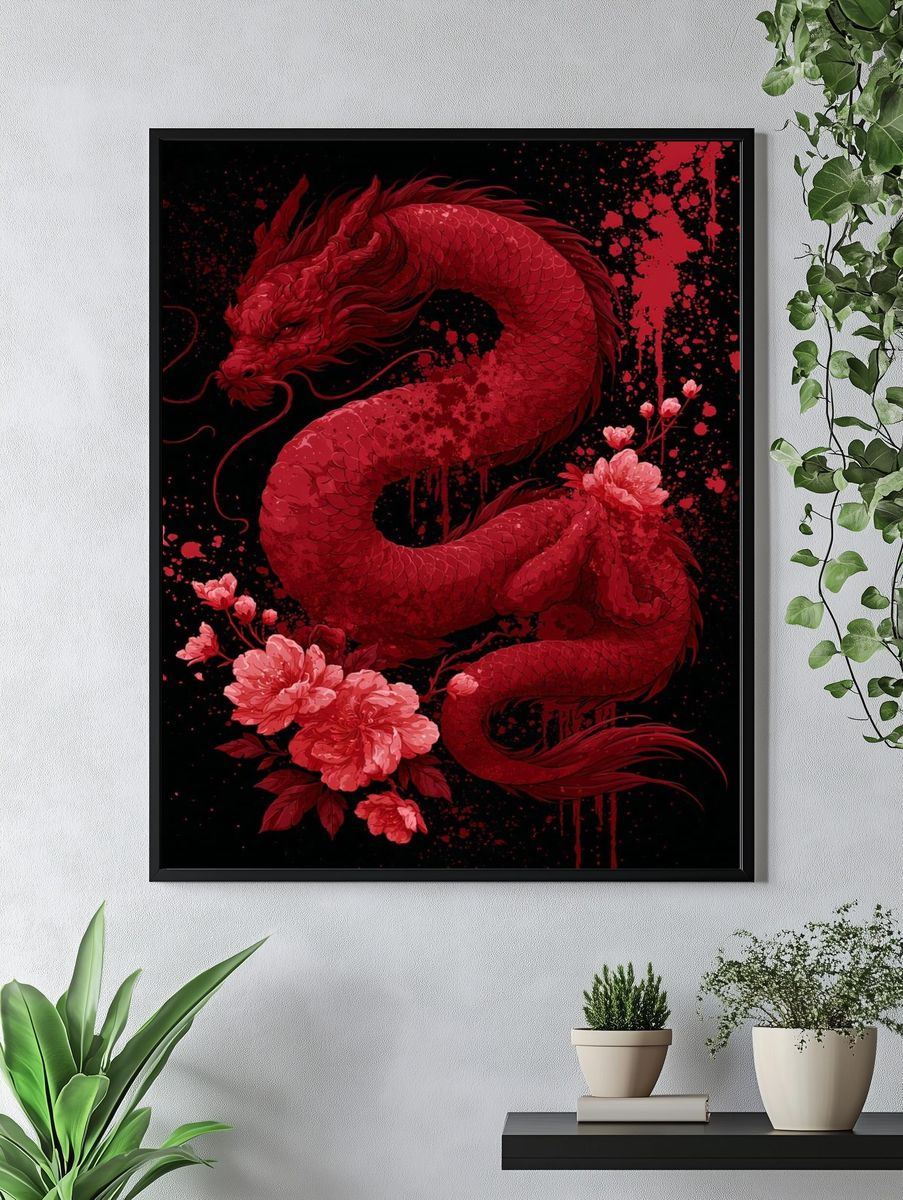 Crimson Dragon Floral Illustration Poster. — room view 4