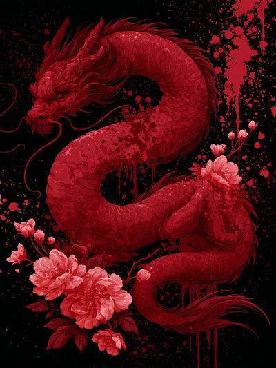 Crimson Dragon Floral Illustration Poster.
