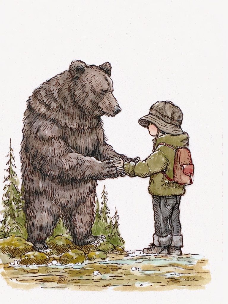 Bear and Child Watercolor Print. poster — illustration art