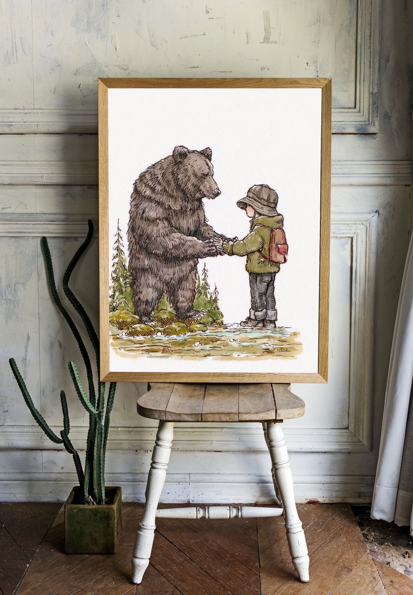 Bear and Child Watercolor Print. room preview