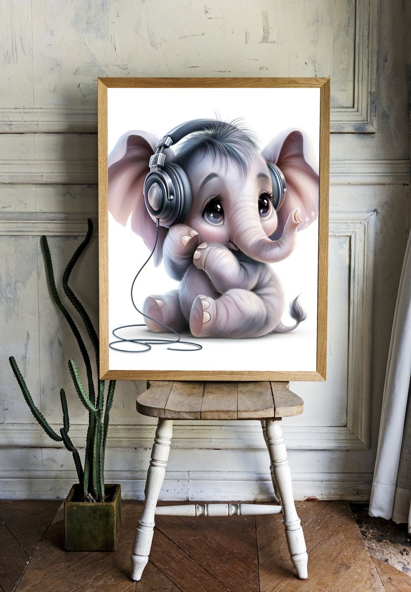 Cute Elephant with Headphones Poster. — room view 1