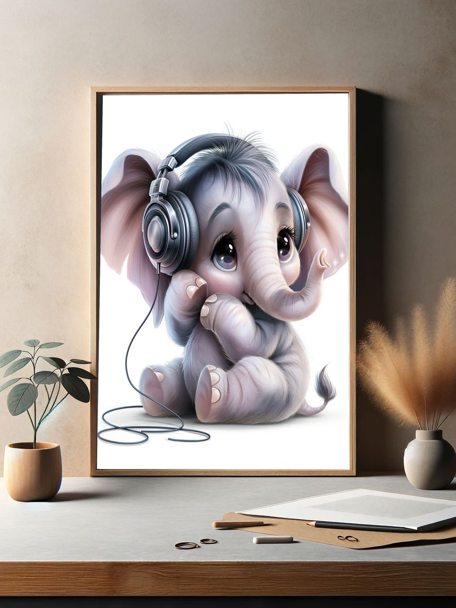 Cute Elephant with Headphones Poster. — room view 2