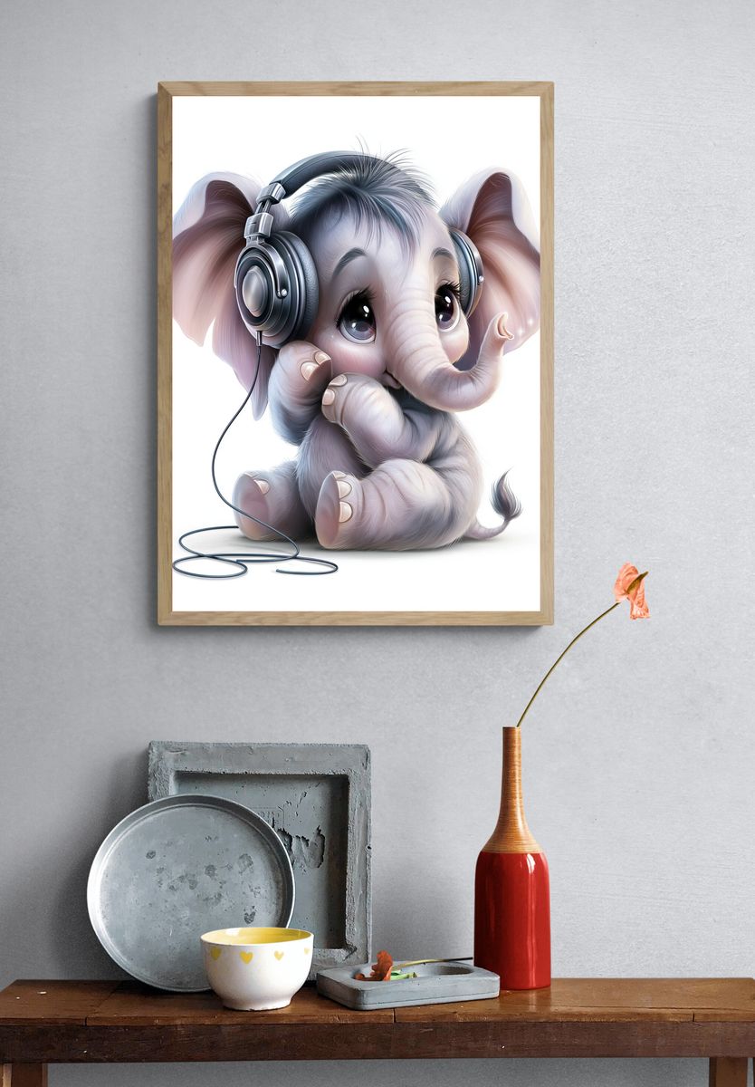 Cute Elephant with Headphones Poster. — room view 3