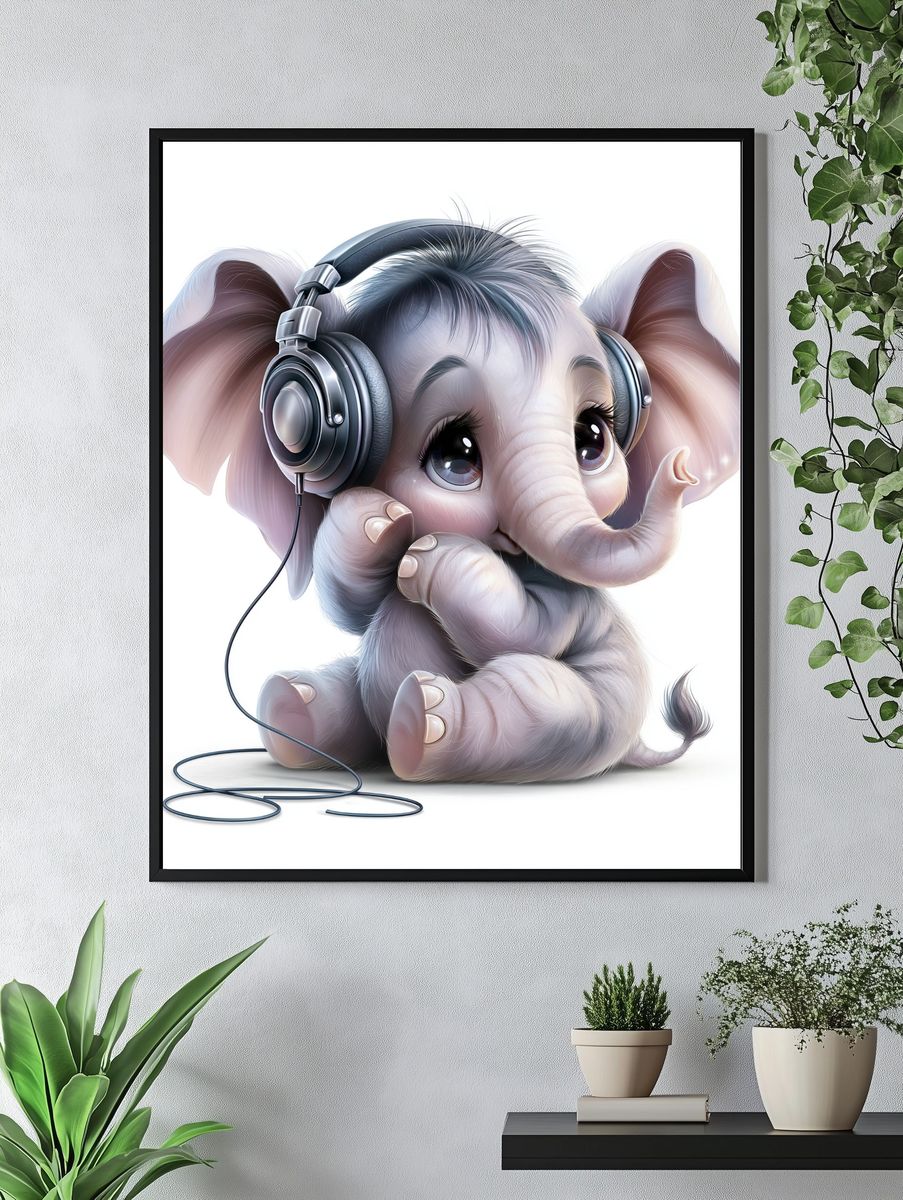 Cute Elephant with Headphones Poster. — room view 4