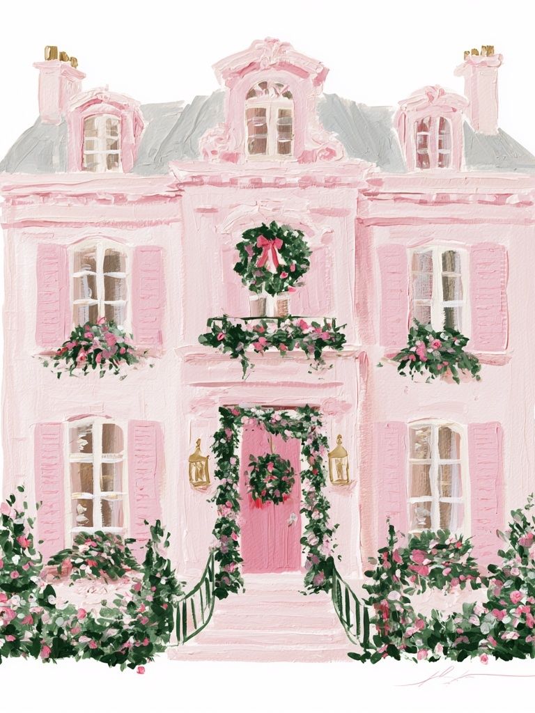 Pink Parisian Townhouse Illustration Poster. poster detail