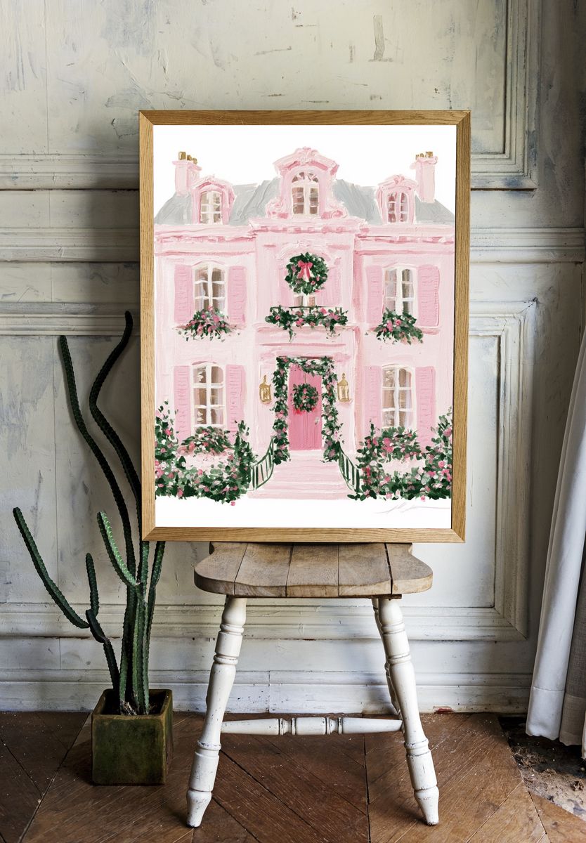 Pink Parisian Townhouse Illustration Poster. room preview