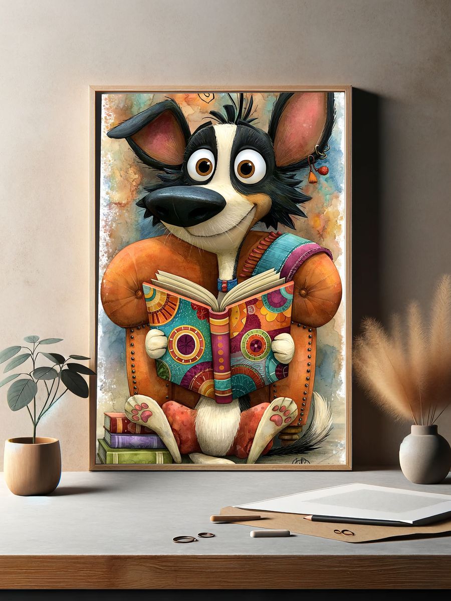 Reading Dog Illustration Poster. — room view 2