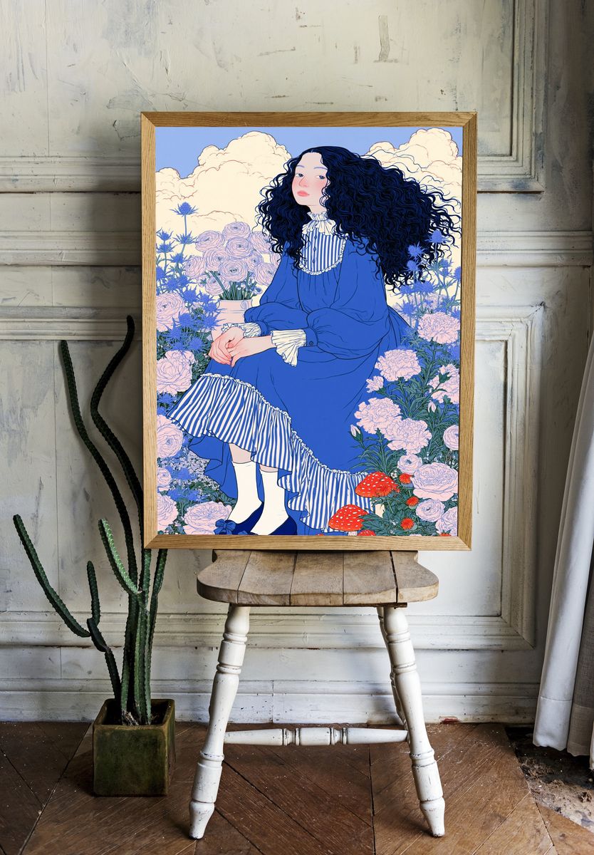 Blue Garden Girl Illustration Poster. room preview