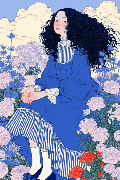 Blue Garden Girl Illustration Poster.