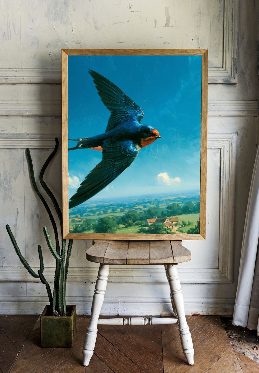 Swallow in Flight Illustration Poster. room preview