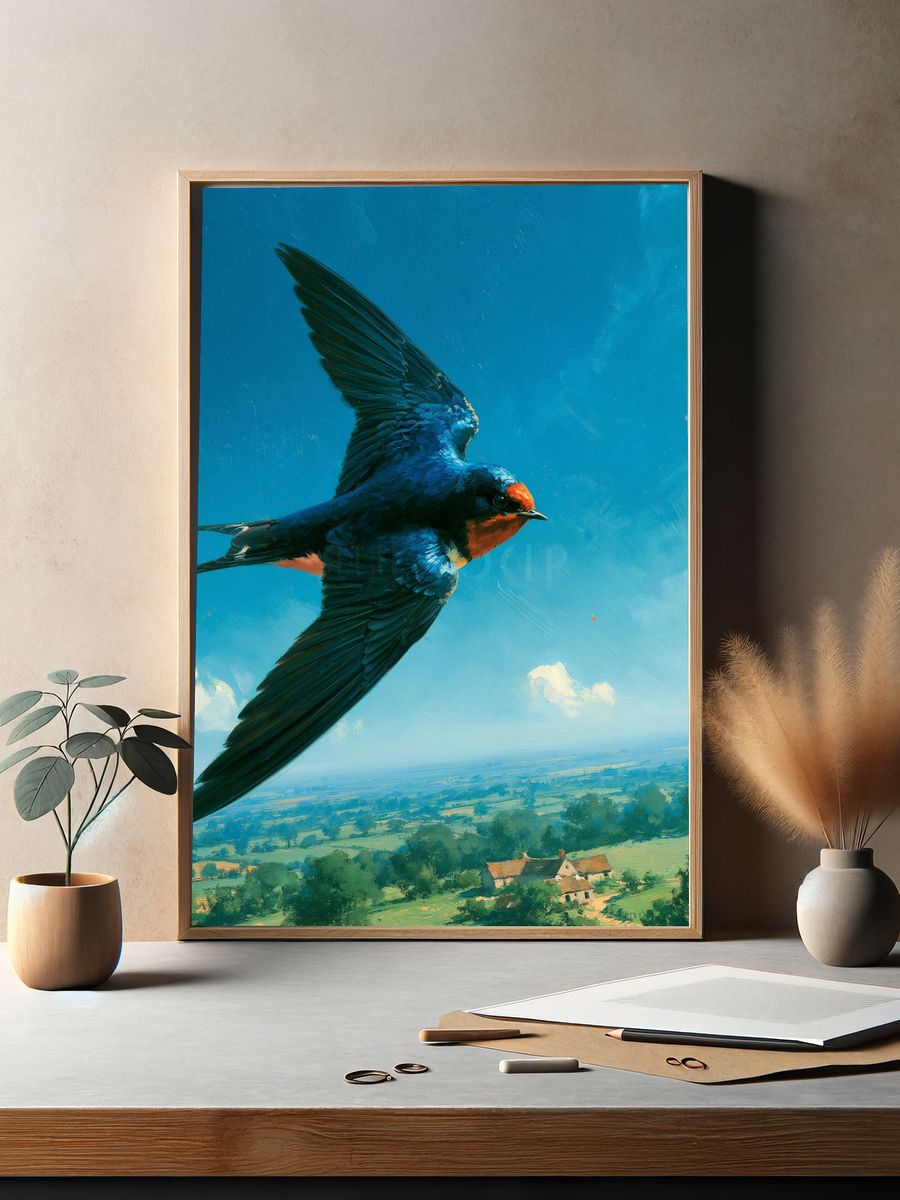 Swallow in Flight Illustration Poster. — room view 2
