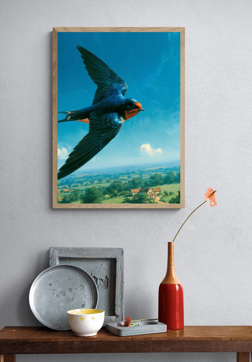 Swallow in Flight Illustration Poster. — room view 3