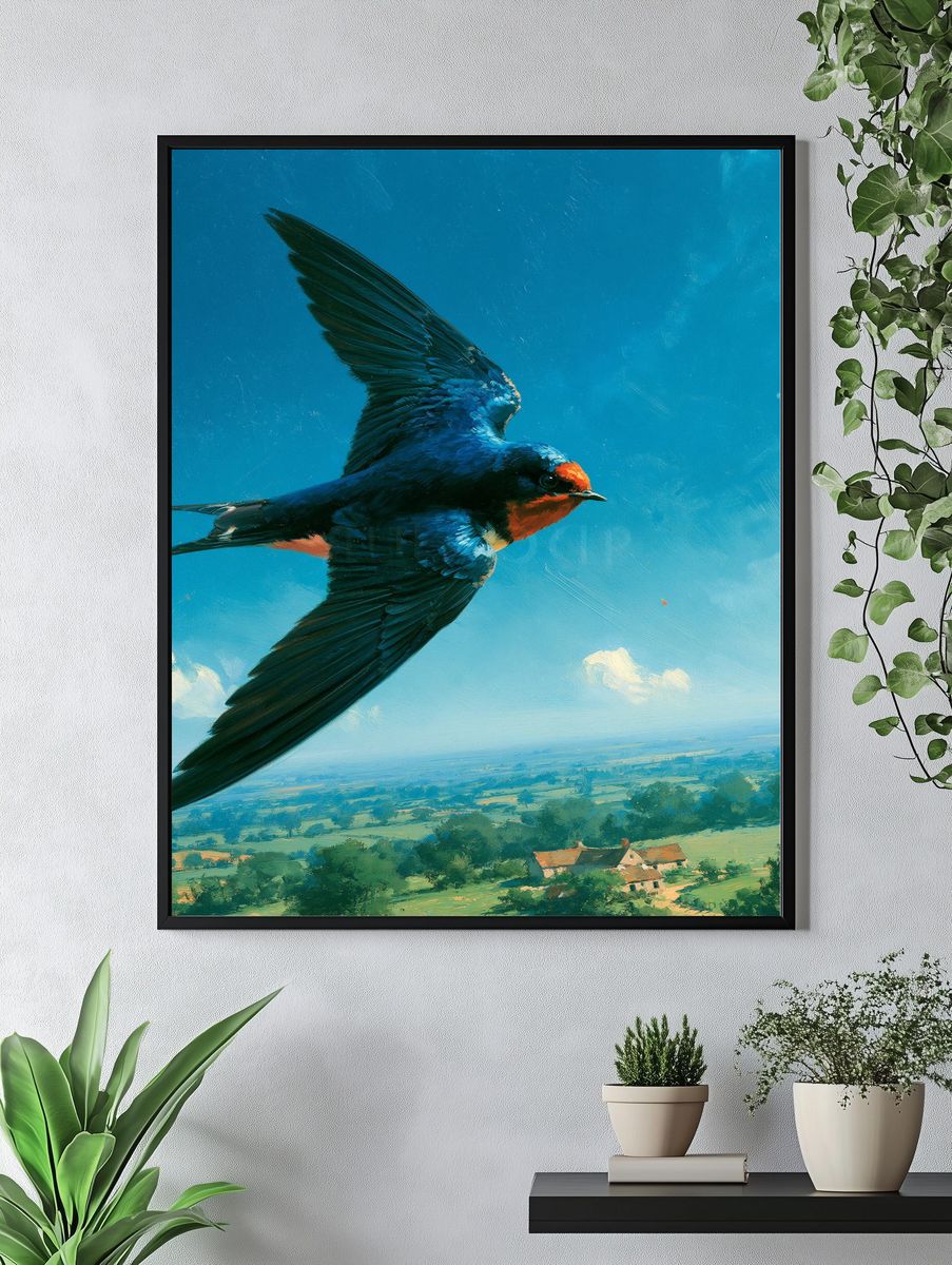 Swallow in Flight Illustration Poster. — room view 4