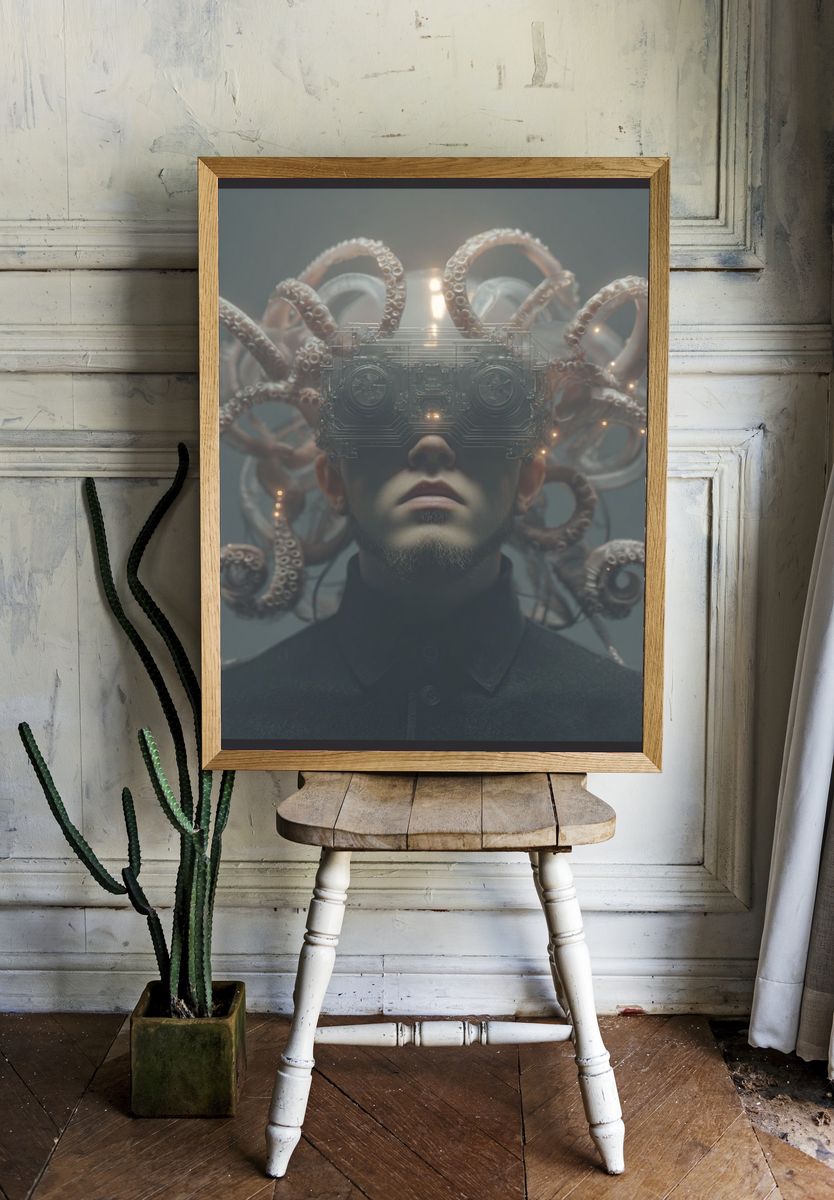 Cybernetic Octopus Portrait Print. room preview