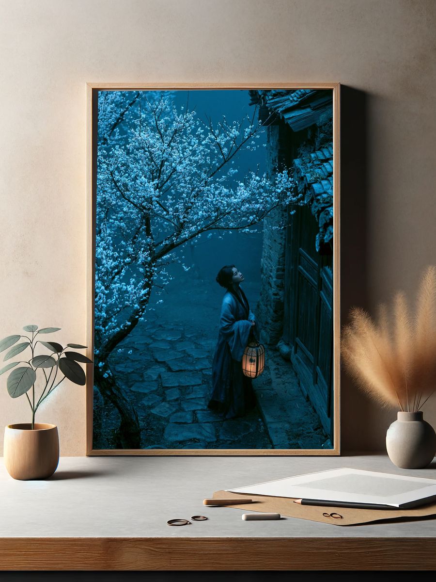Moonlit Blossom Path Illustration Poster. — room view 2