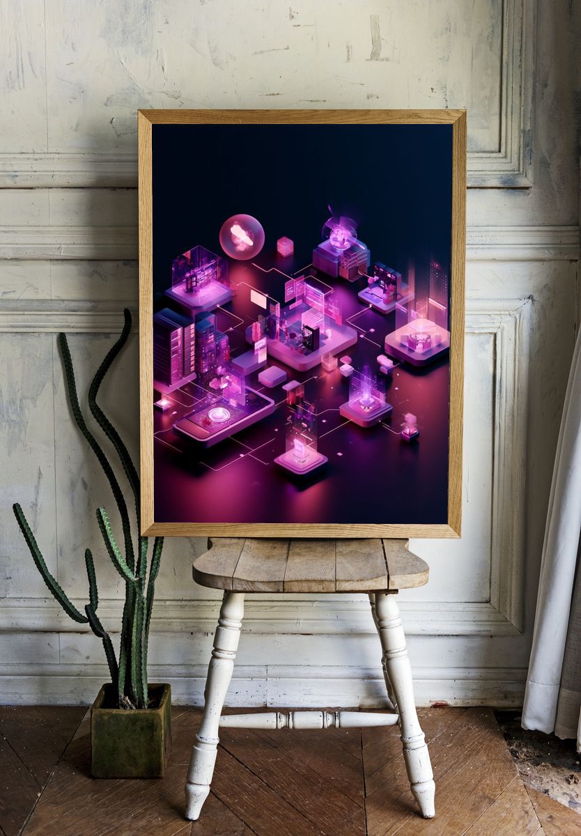 Neon Tech City Illustration Poster. room preview