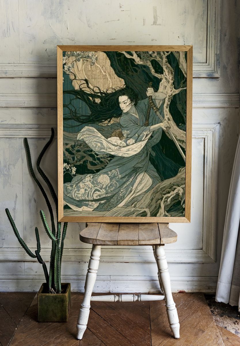 Samurai Forest Battle Illustration Poster. — room view 1