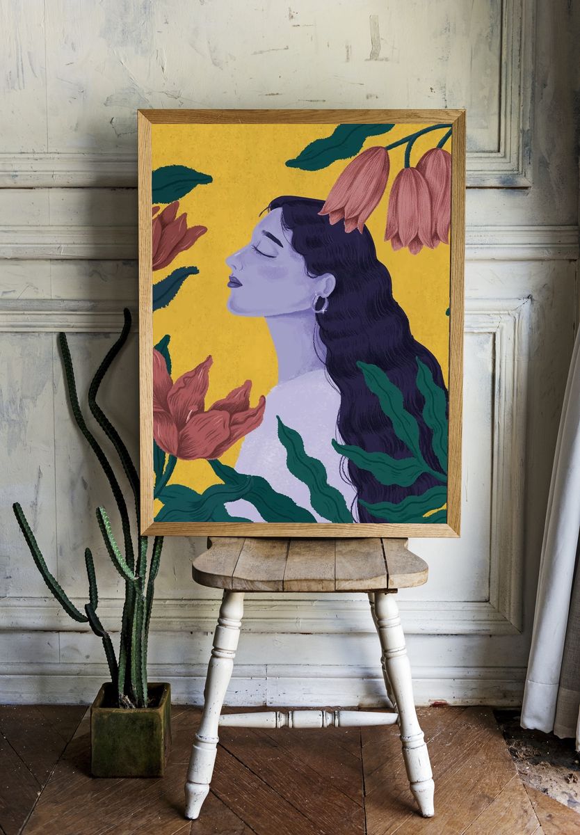 Beautiful purple woman surrounded nature. room preview