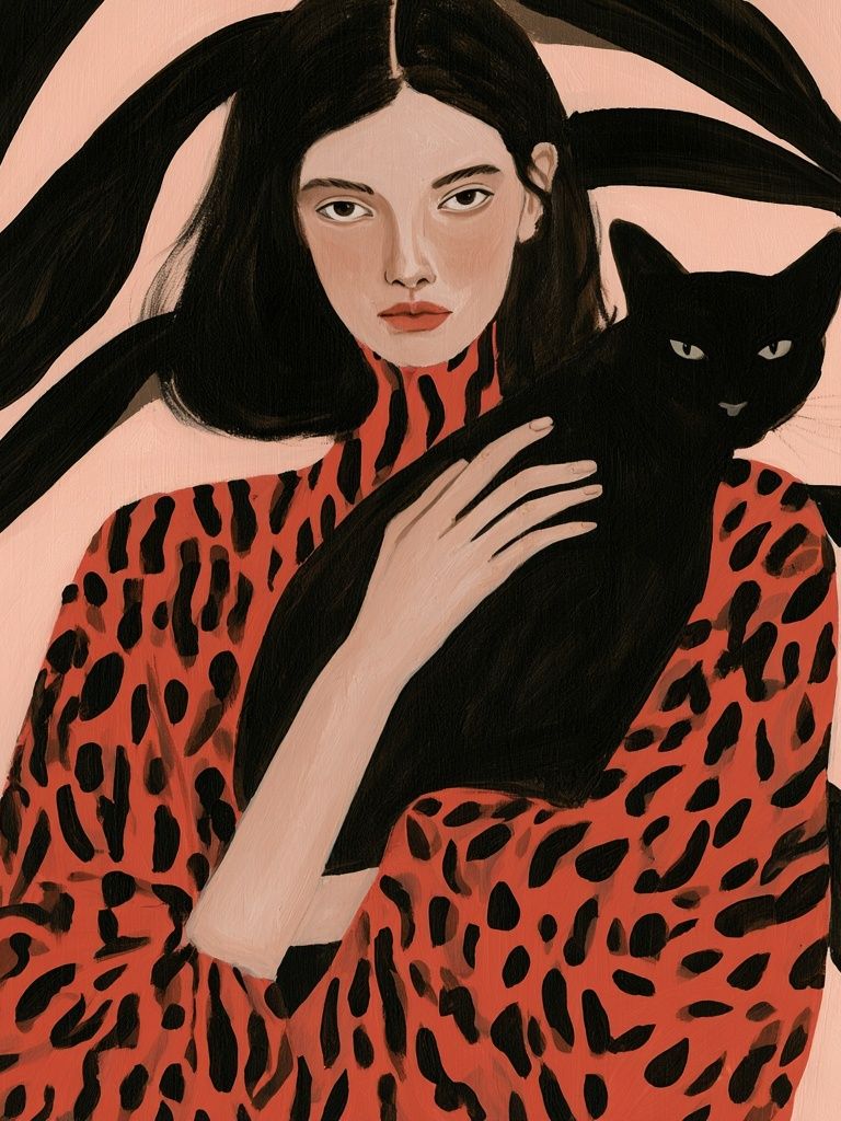 Woman with Black Cat Illustration Poster. poster — illustration art