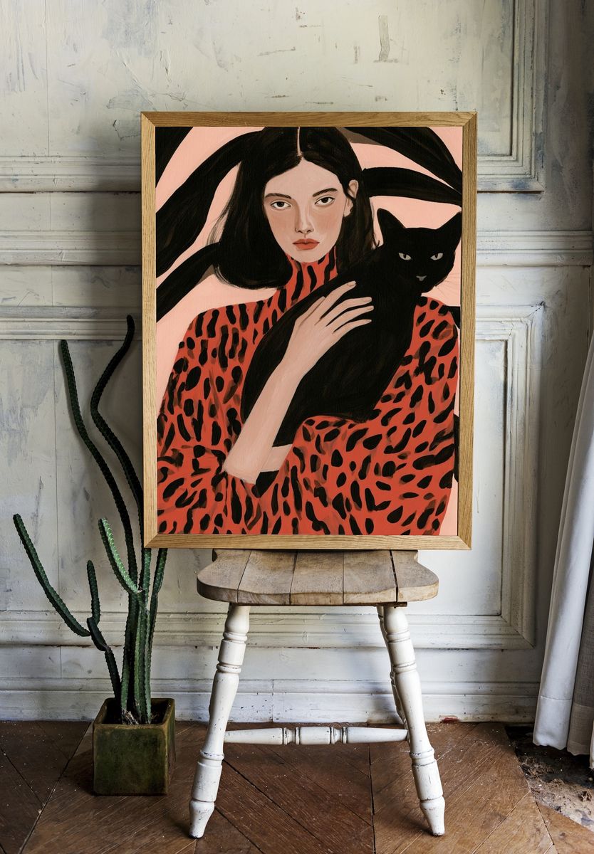 Woman with Black Cat Illustration Poster. room preview