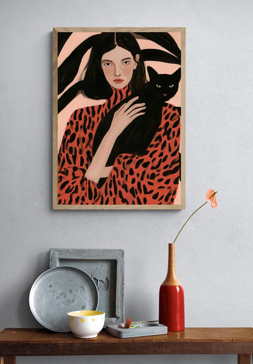 Woman with Black Cat Illustration Poster. — room view 3