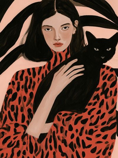 Woman with Black Cat Illustration Poster. poster