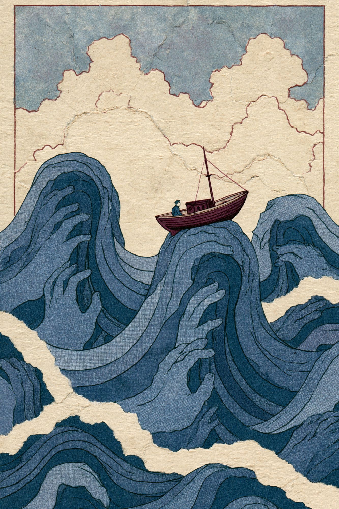 Boat on Blue Waves Illustration Print. poster — illustration art