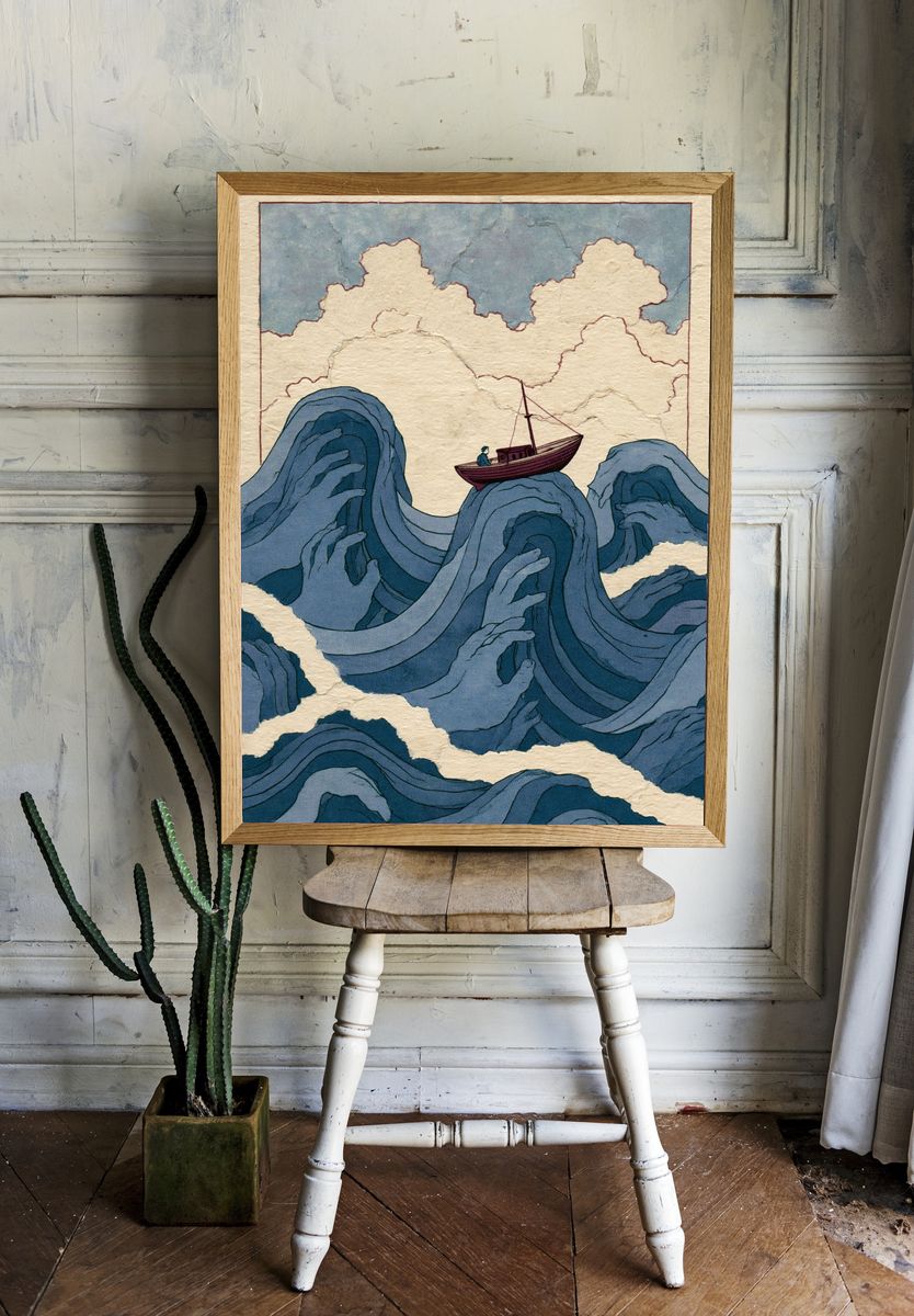 Boat on Blue Waves Illustration Print. — room view 1