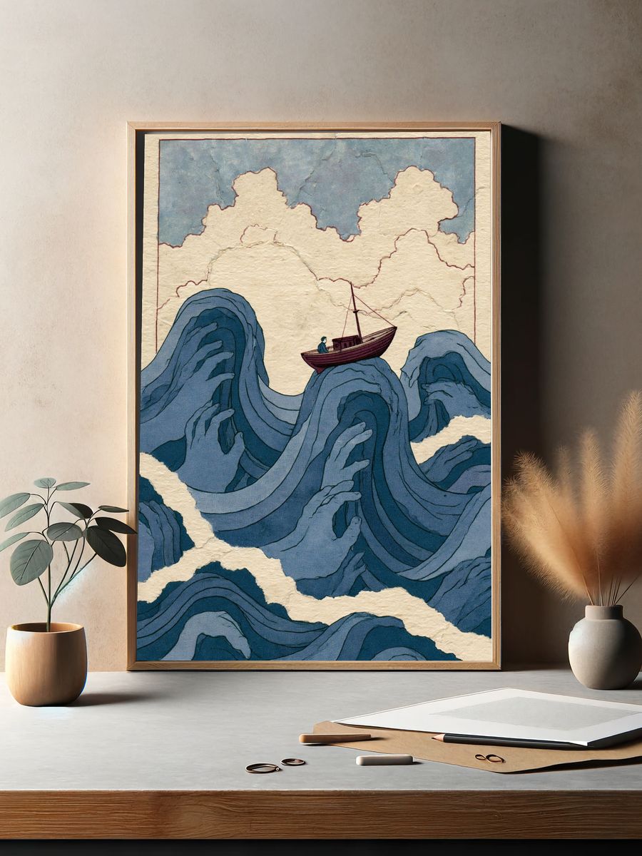Boat on Blue Waves Illustration Print. — room view 2