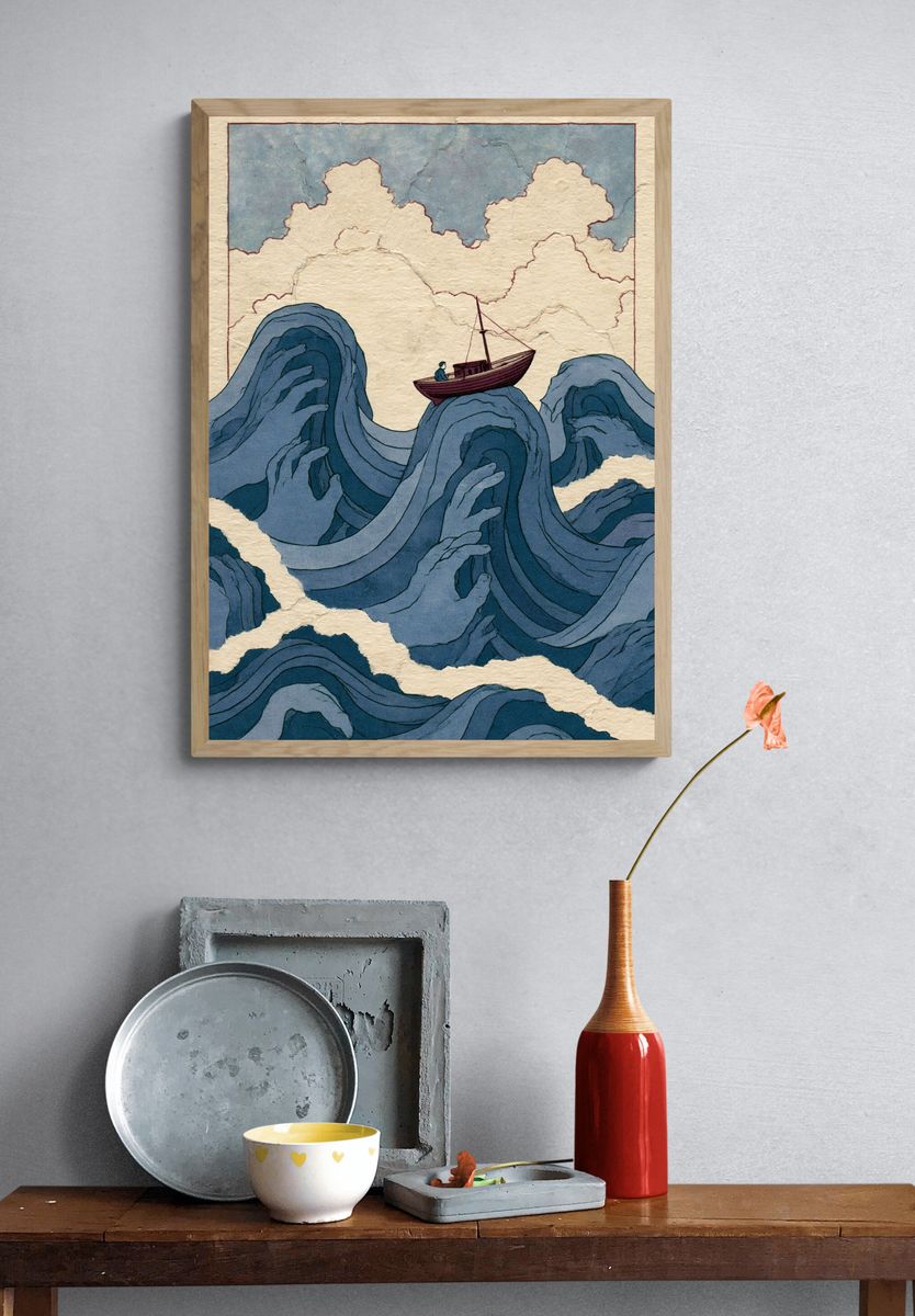 Boat on Blue Waves Illustration Print. — room view 3