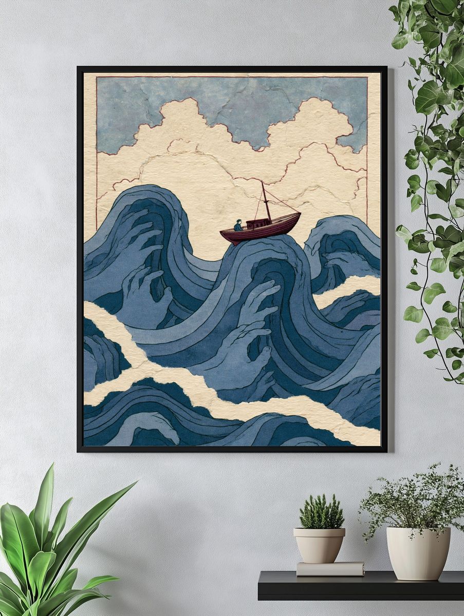 Boat on Blue Waves Illustration Print. — room view 4