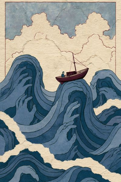 Boat on Blue Waves Illustration Print.