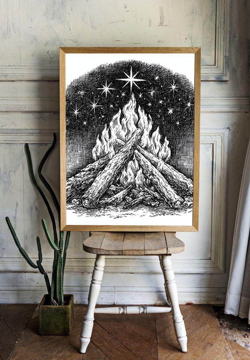 Celestial Campfire Ink Print. room preview