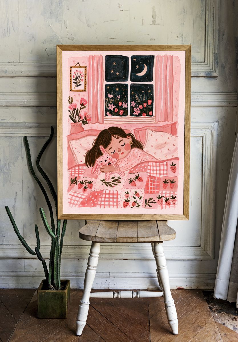Strawberry Dream Bedroom Illustration Poster. — room view 1