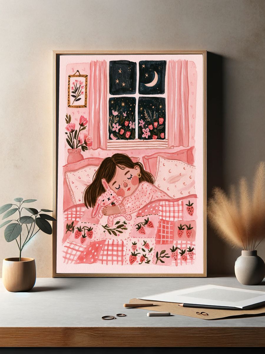 Strawberry Dream Bedroom Illustration Poster. — room view 2