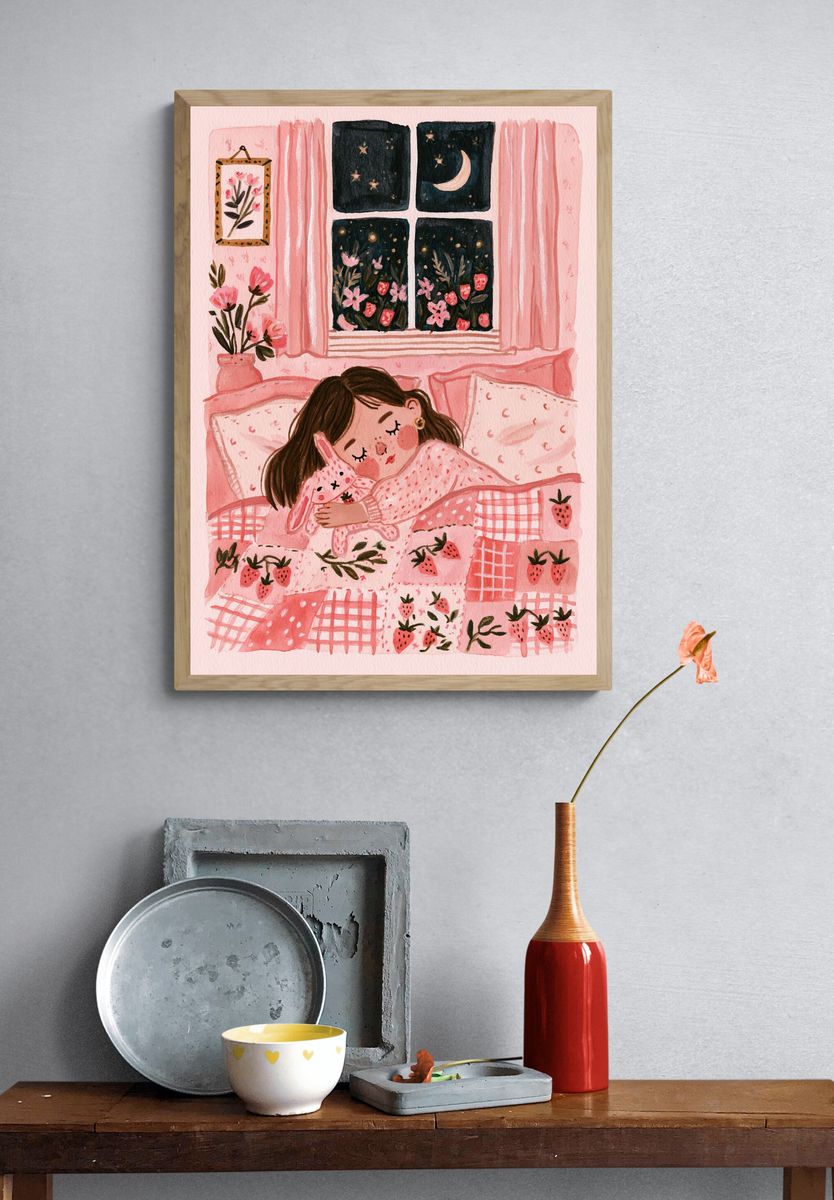Strawberry Dream Bedroom Illustration Poster. — room view 3