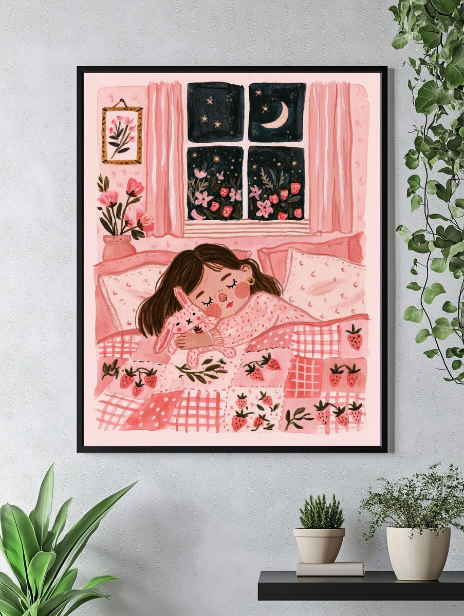 Strawberry Dream Bedroom Illustration Poster. — room view 4