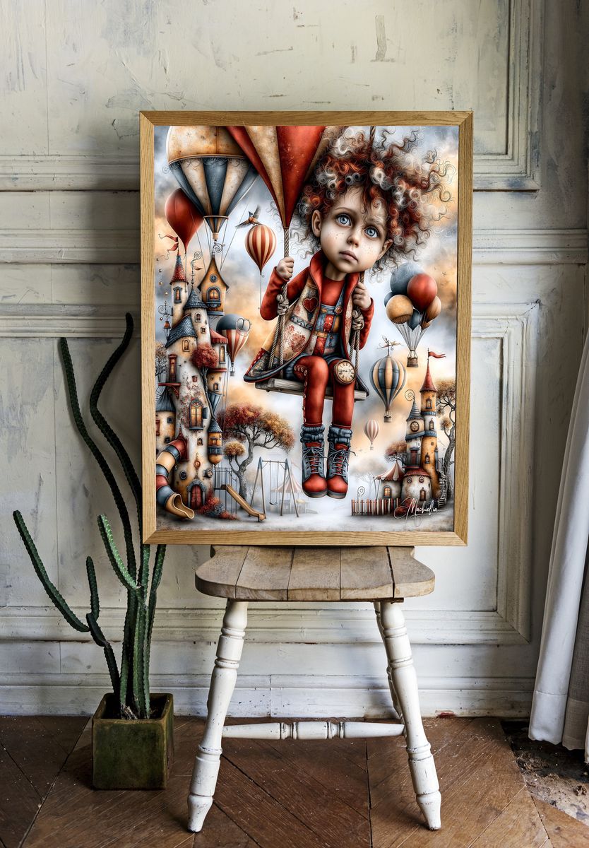 Dreamy Balloon Girl Illustration Poster. room preview
