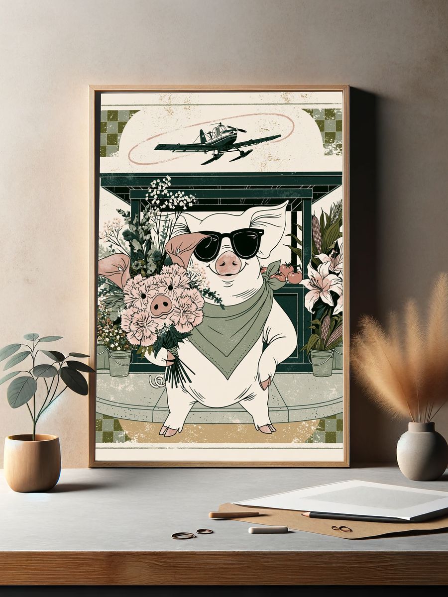 Sunglasses Pig Floral Illustration Poster. — room view 2