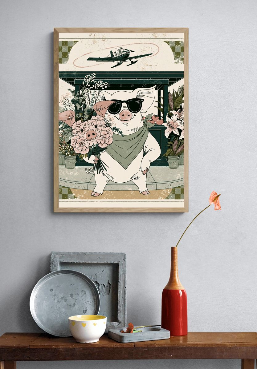 Sunglasses Pig Floral Illustration Poster. — room view 3
