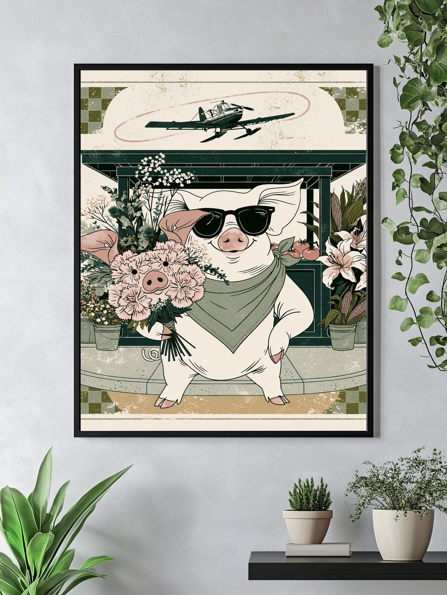 Sunglasses Pig Floral Illustration Poster. — room view 4