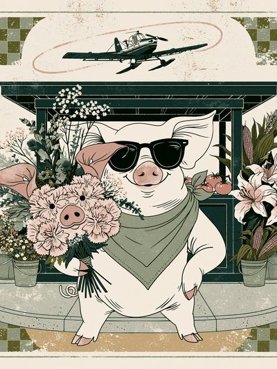 Sunglasses Pig Floral Illustration Poster.