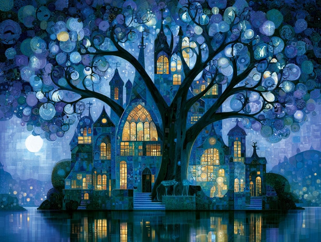 Moonlit Tree Village Fantasy Print. poster detail