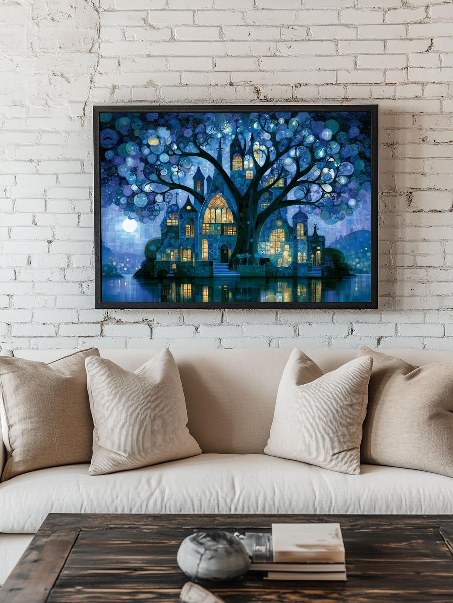 Moonlit Tree Village Fantasy Print. room preview