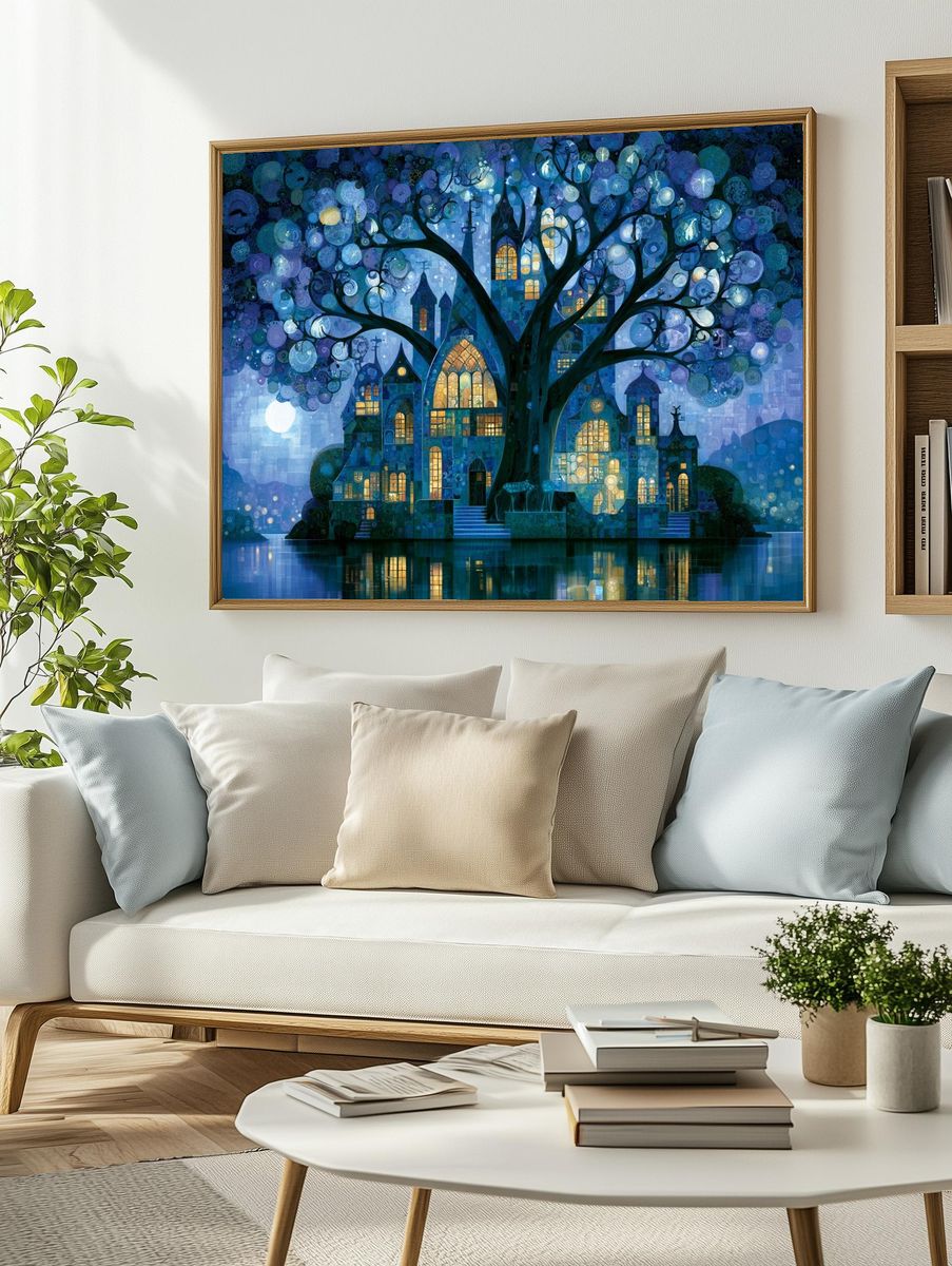 Moonlit Tree Village Fantasy Print. — room view 2