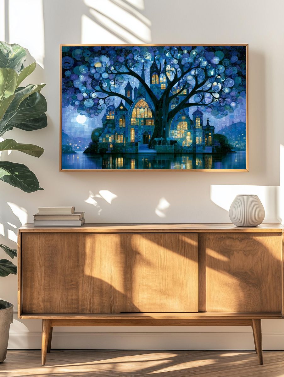 Moonlit Tree Village Fantasy Print. — room view 3