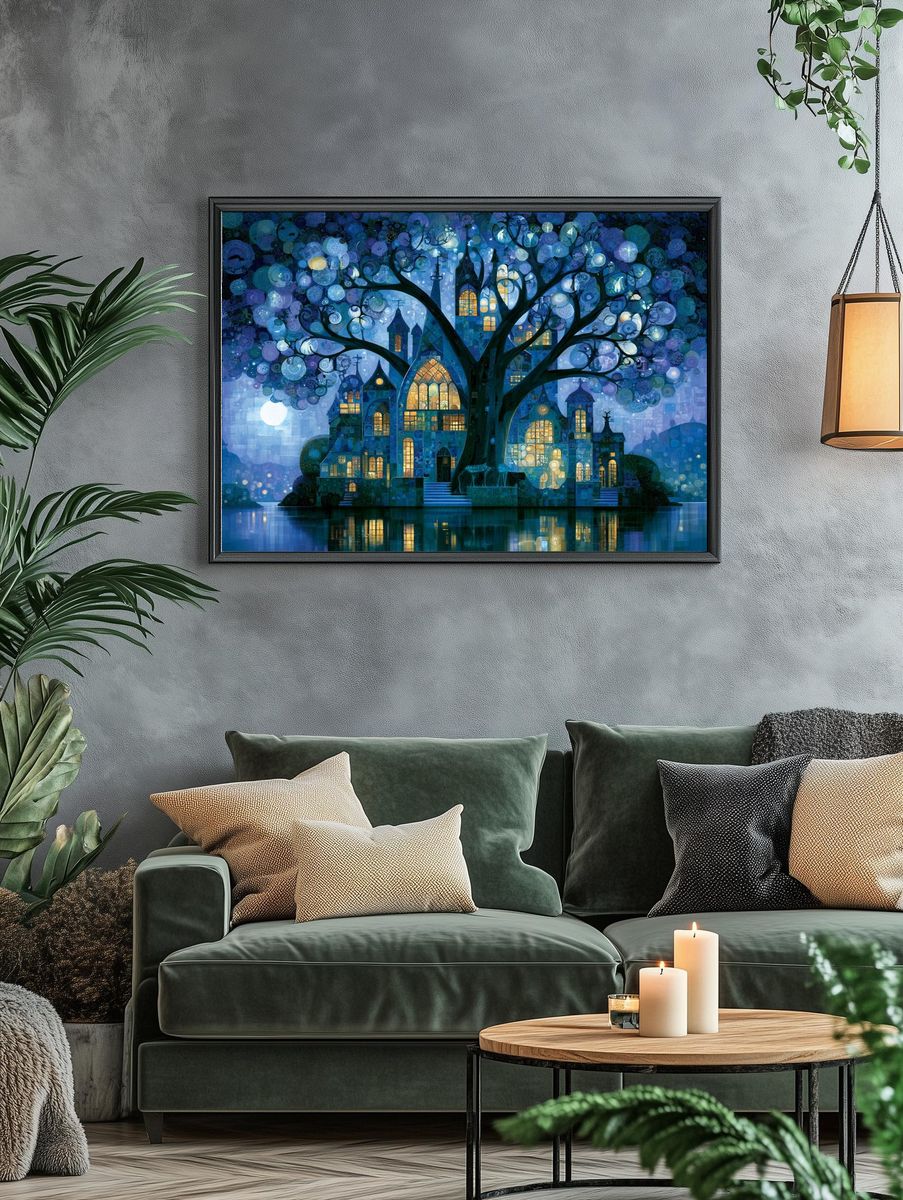 Moonlit Tree Village Fantasy Print. — room view 4