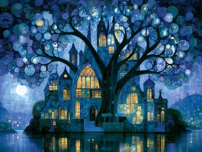 Moonlit Tree Village Fantasy Print. poster