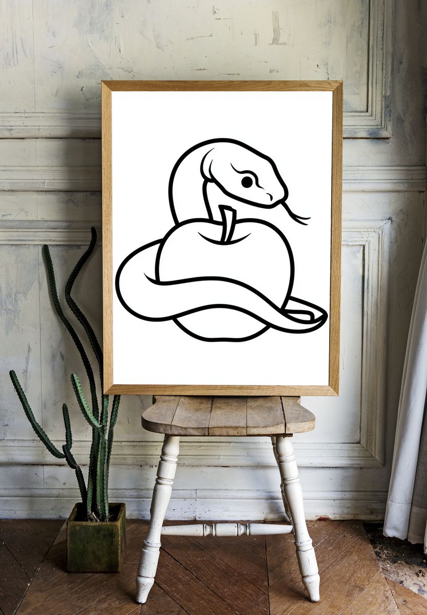 Snake and Apple Line Art Poster. — room view 1