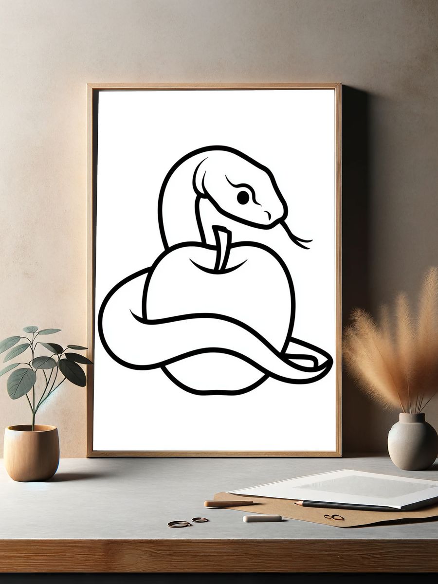 Snake and Apple Line Art Poster. — room view 2